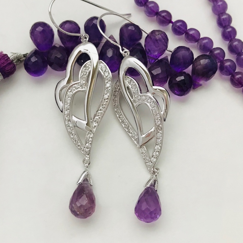 Double Heart‎ Amethytst Briolette Earrings Sterling